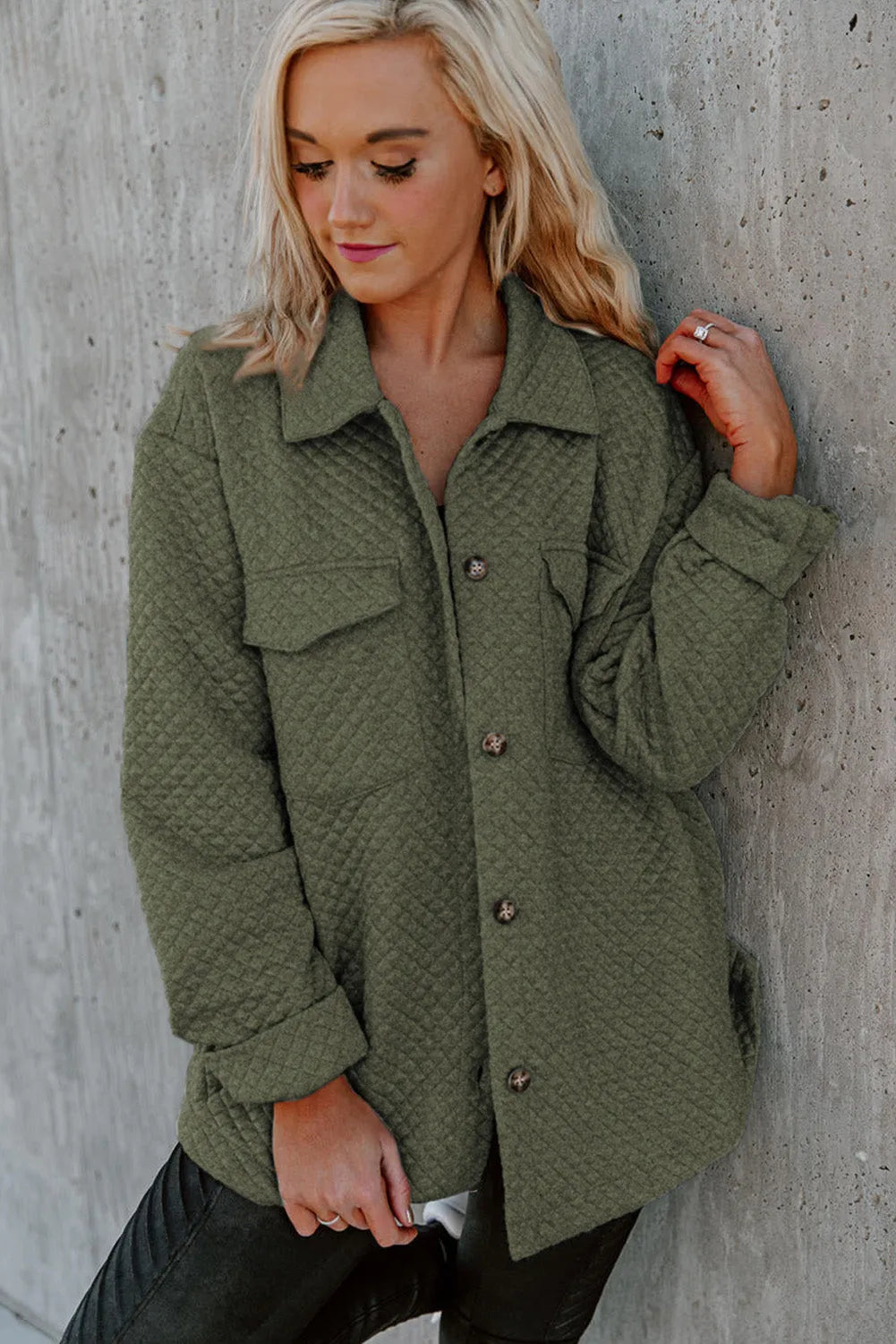 Green Retro Quilted Flap Pocket Button Shacket - Chic Meadow Boutique 