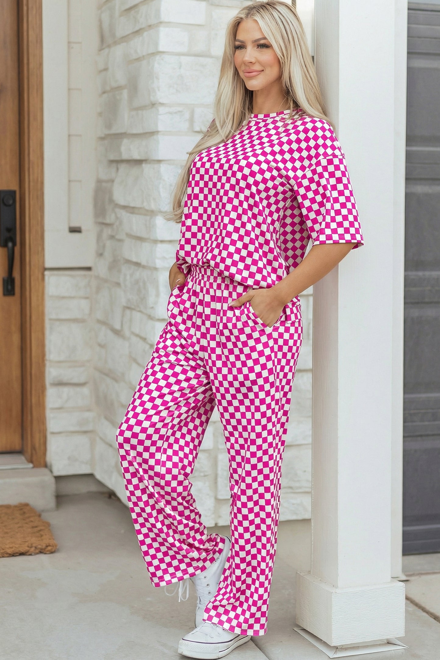 Rose Checkered Print Half Sleeve Tee 2pcs Lounge Pant Set