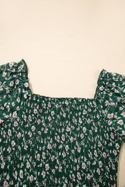 Green Smocked Square Neck Puff Short Sleeve Floral Dress