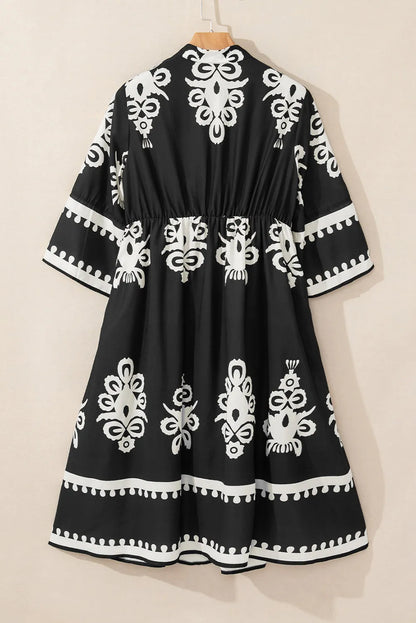 Black Western Geometric Print 3/4 Sleeve Loose Midi Dress - Chic Meadow Boutique 