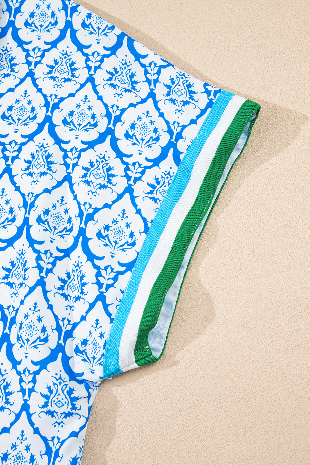 Sky Blue Western Print Zipped Collar Short Sleeve Summer Blouse Top