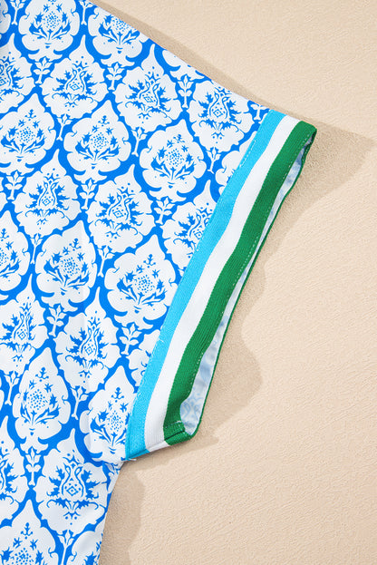 Sky Blue Western Print Zipped Collar Short Sleeve Summer Blouse Top