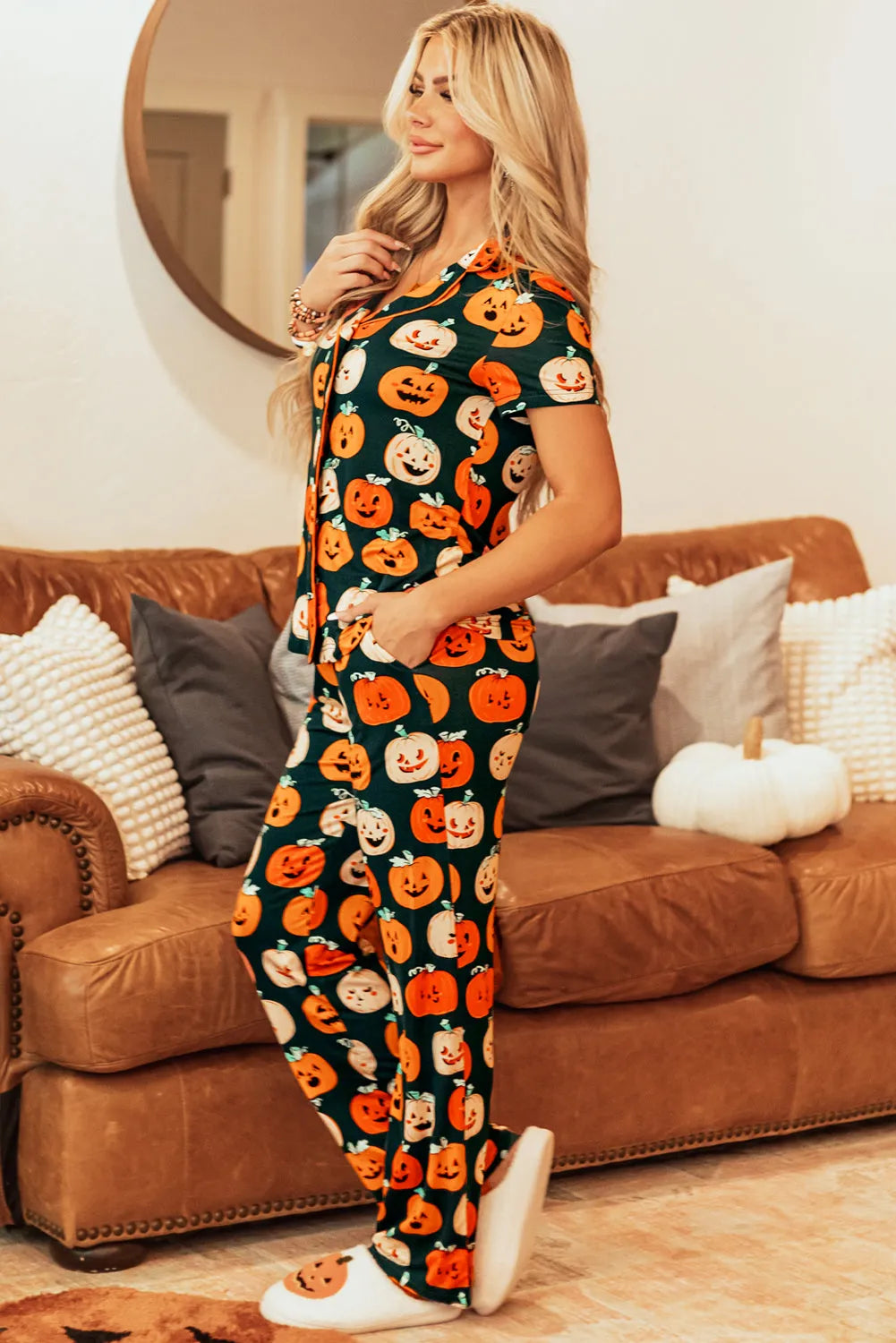 Orange Halloween Pattern Short Sleeve Shirt Pajama Set - Chic Meadow Boutique 