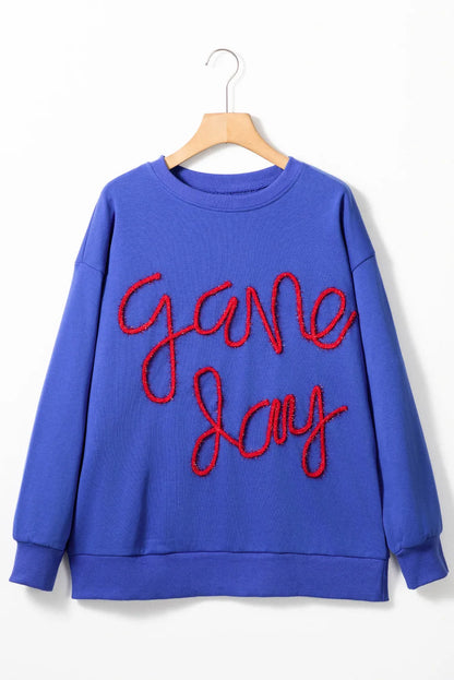 Dark Blue Tinsel Game Day Drop Shoulder Graphic Sweatshirt - Chic Meadow Boutique 