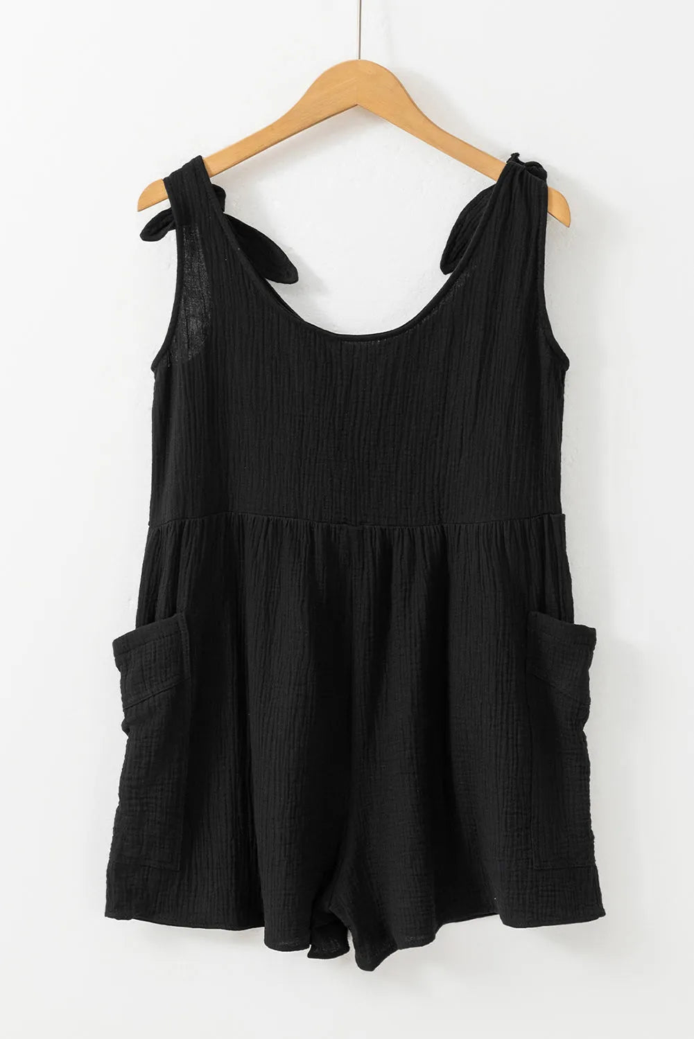 Black Textured Knotted Straps High Waist Wide Leg Romper - Chic Meadow Boutique 