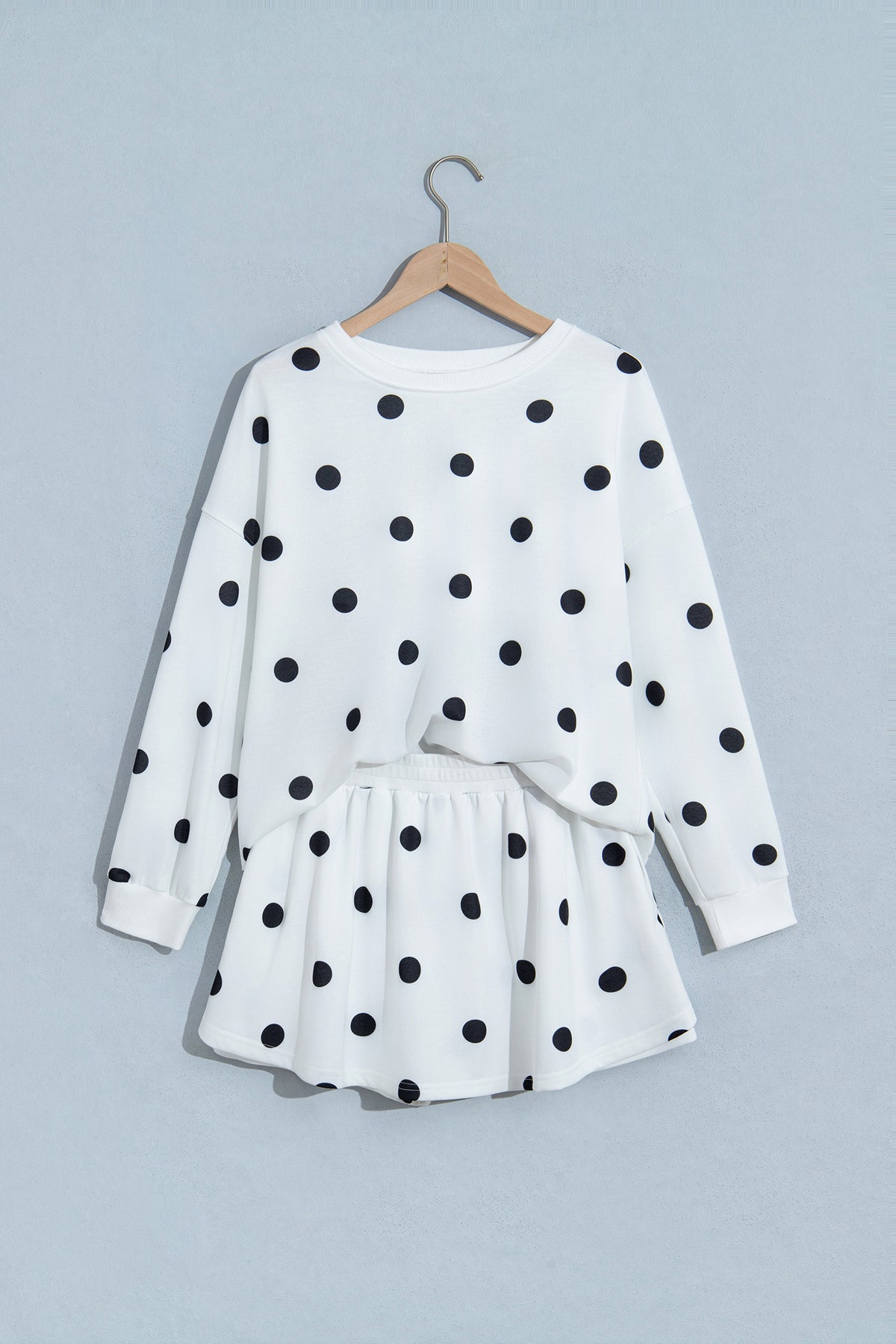 Beige Polka Dot Raw Hem Relaxed Pullover Loose Skort Two Piece Set