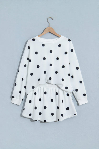 Beige Polka Dot Raw Hem Relaxed Pullover Loose Skort Two Piece Set