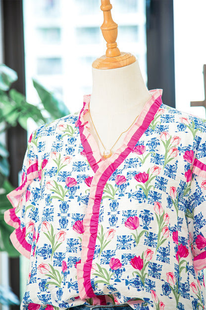 Rose Floral Print Ruffle V-Neck Short Sleeve Loose Tunic Shirt