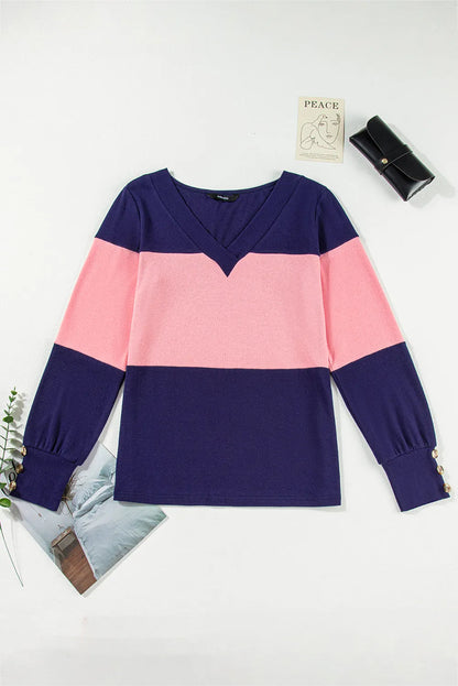 Blue Stripe Colorblock Button Decor Long Sleeve V Neck Top - Chic Meadow Boutique 