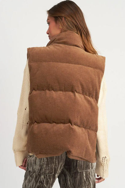 Coffee Corduroy Stand Neck Zipped Puffer Vest - Chic Meadow Boutique 