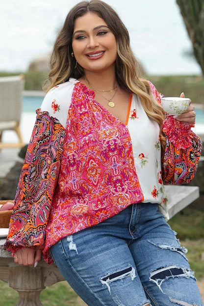 Plus Size/Plus Size Tops/Plus Size Blouses & Shirts Pink Multicolor Floral Patchwork Shirred Cuffs Buttoned Blouse