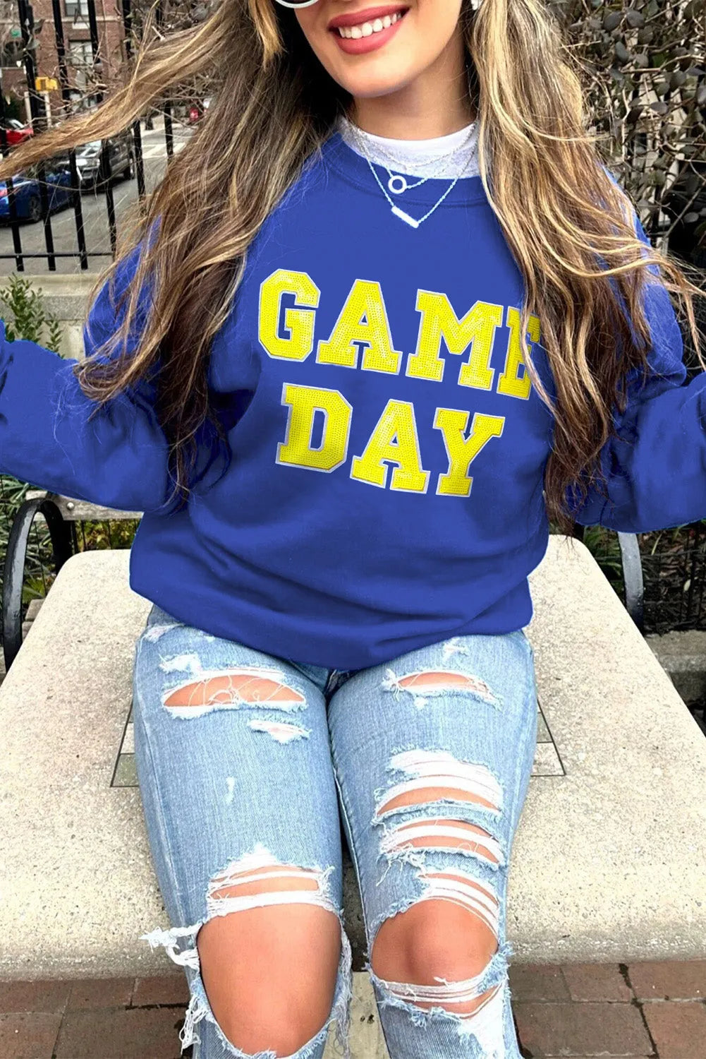 Dark Blue Game Day Crew Neck Graphic Pullover Sweatshirt - Chic Meadow Boutique 