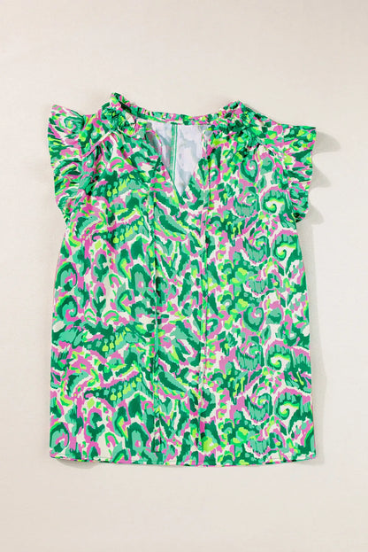 Green Pastel/Floral/Abstract Print Ruffled Trim Tied Split Neck Tank Top - Chic Meadow Boutique 