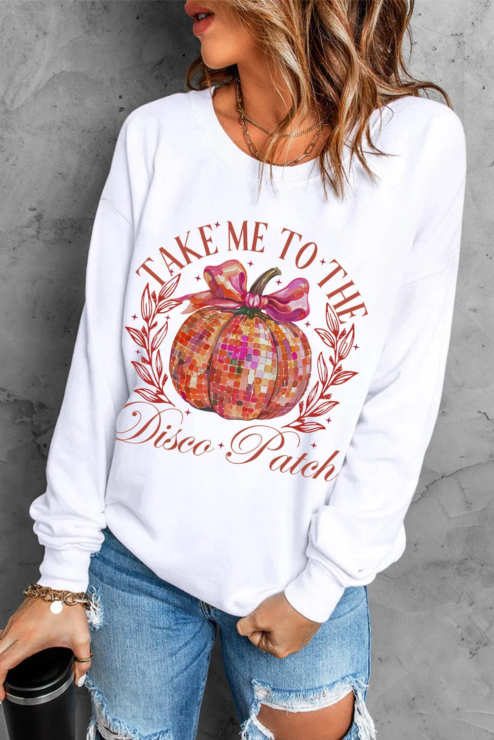 Beige Halloween Disco Ball Pumpkin Print Pullover Sweatshirt - Chic Meadow Boutique 