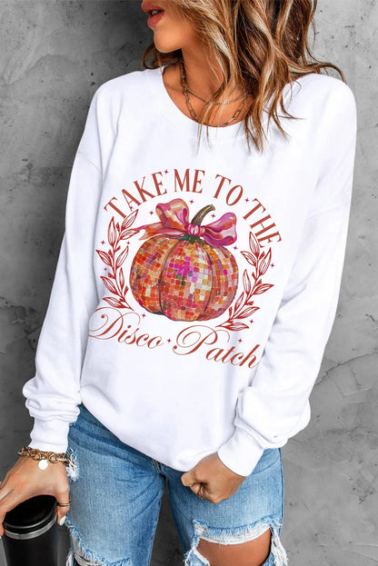 Beige Halloween Disco Ball Pumpkin Print Pullover Sweatshirt - Chic Meadow Boutique 