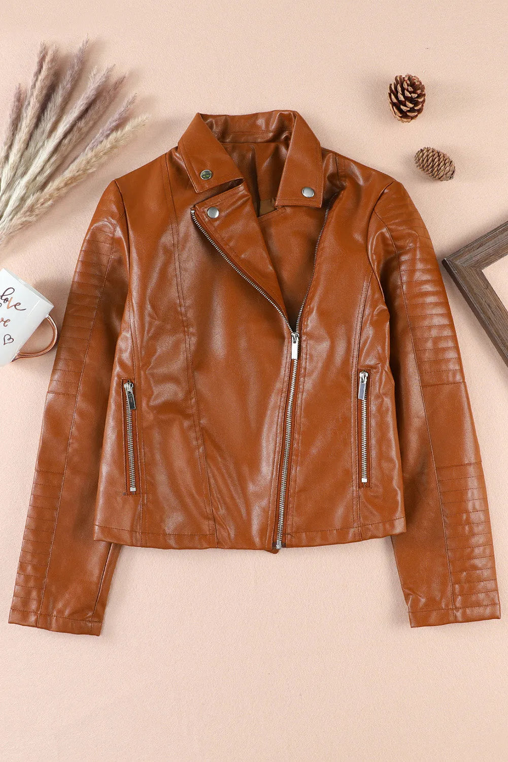 Brown Ribbed Seam Detail Faux Leather Zipped Motorcycle Jacket - Chic Meadow Boutique 