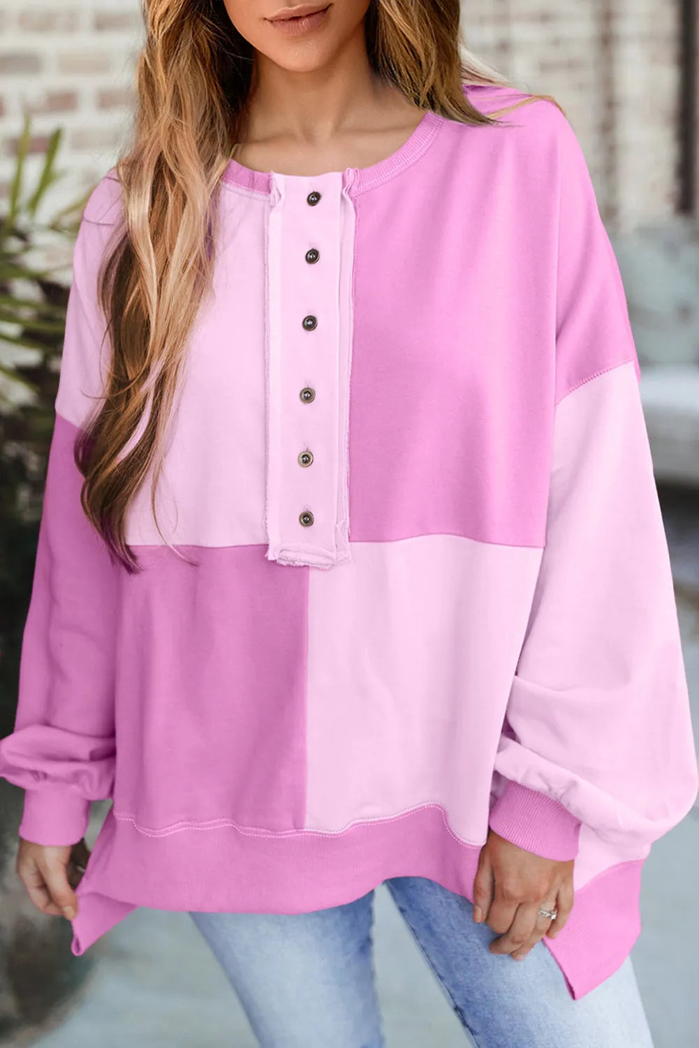 Pink Colorblock Henley High Low Oversize Sweatshirt - Chic Meadow Boutique 