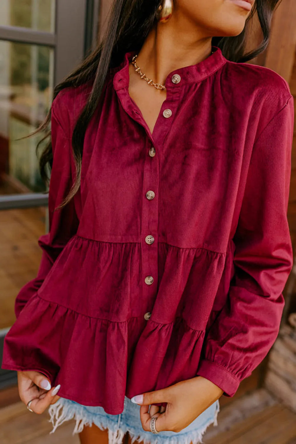 Burgundy Corduroy Ruffle Tiered Buttoned O Neck Shirt - Chic Meadow Boutique 