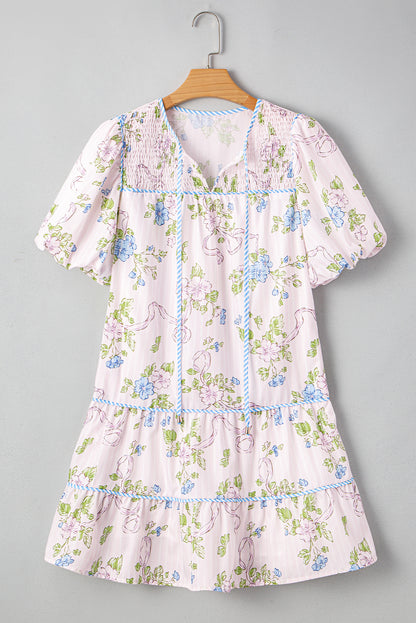 Pink Floral Striped Print Contrast Trim Tie Split Neck Mini Dress