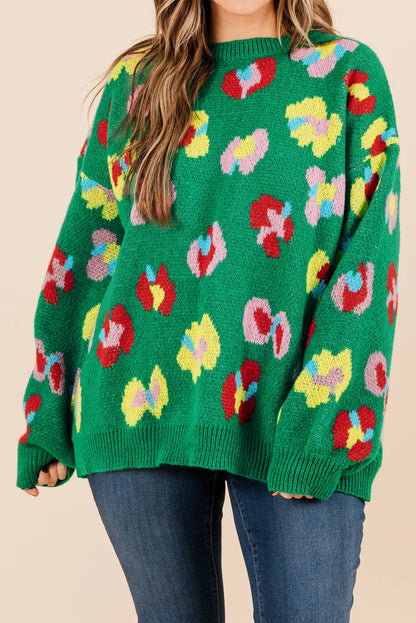 Green Plus Size Floral Knitted Ribbed Edge Drop Shoulder Sweater - Chic Meadow Boutique 