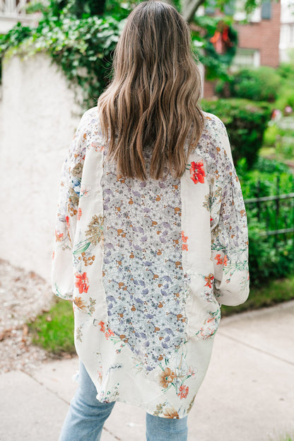 Purple Boho Floral Bishop Sleeve Button Up Loose Shirt