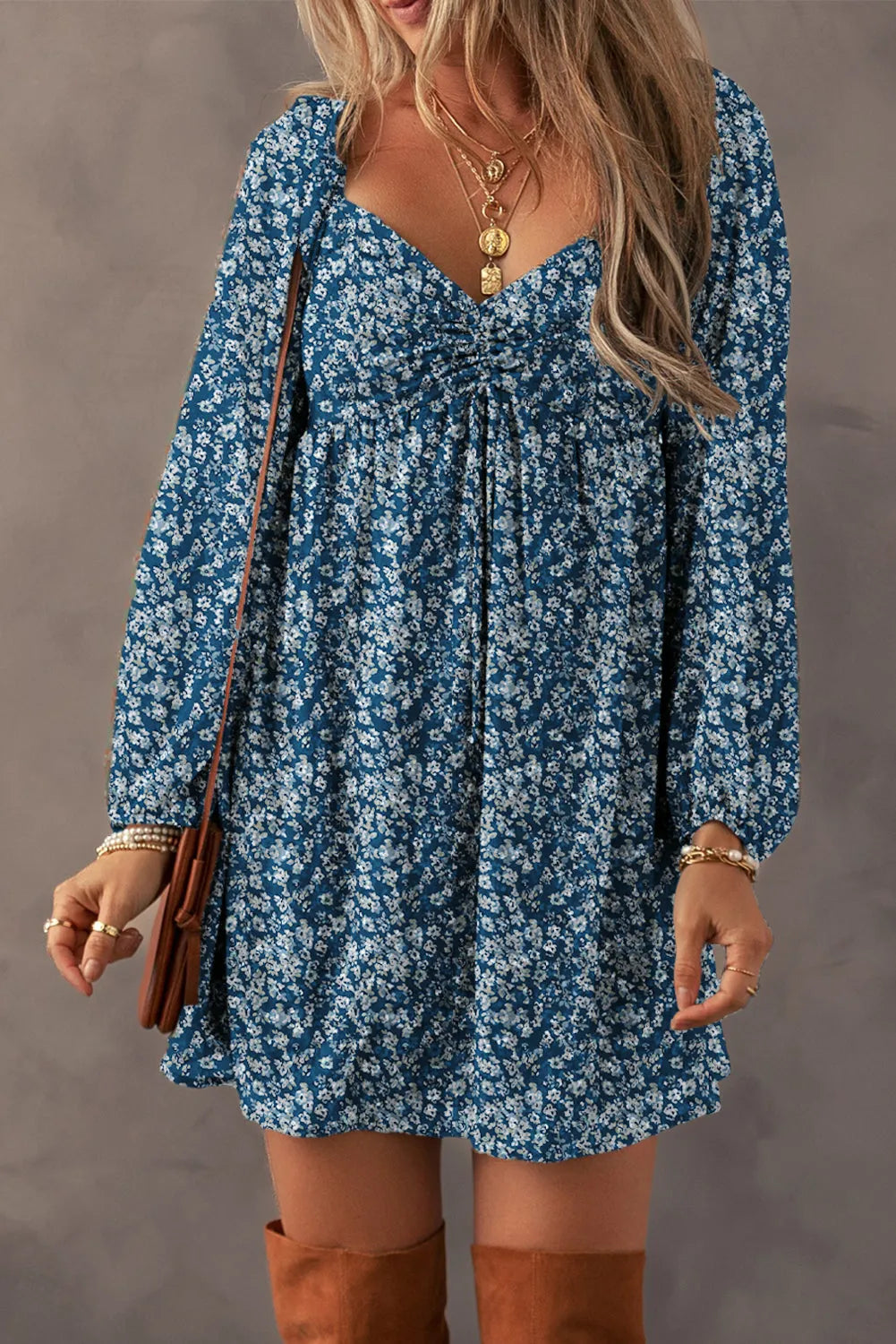 Blue Floral Print Sweetheart Neck Shirred Back Mini Dress - Chic Meadow Boutique 