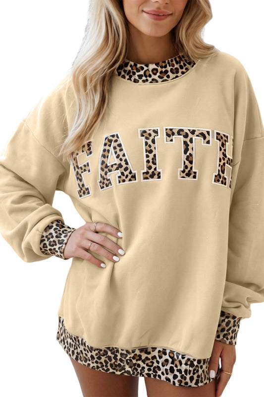 Parchment Leopard Trim High Neck FAITH Letter Graphic Baggy Sweatshirt