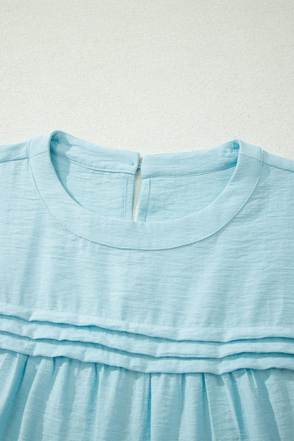 Mist Blue Tie Half Sleeve Pleated Detail Babydoll Blouse
