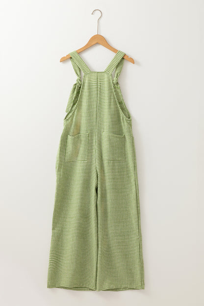 Green Gingham Wide Leg Loose Overall with Pockets