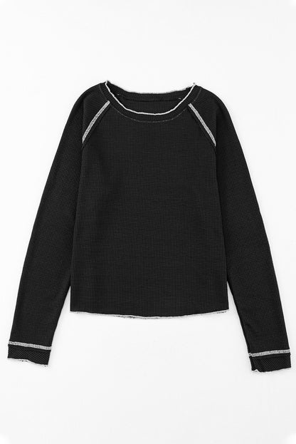 Black Textured Round Neck Long Sleeve Top