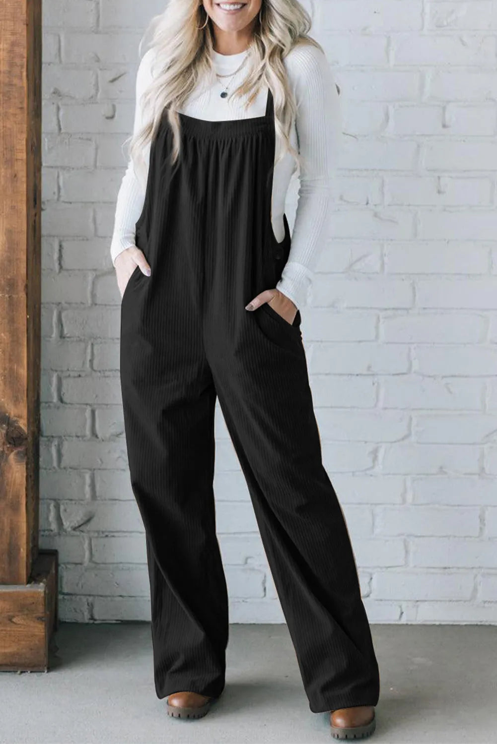 Black Solid Pocketed Loose Fit Corduroy Overall - Chic Meadow Boutique 