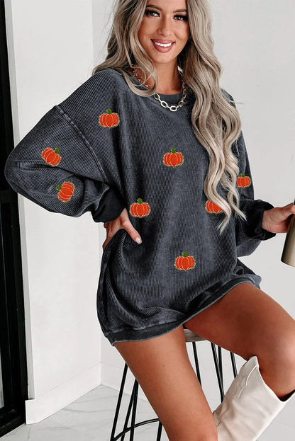 Gray Halloween Pumpkin Graphic Drop Shoulder Ribbed Sweatshirt - Chic Meadow Boutique 