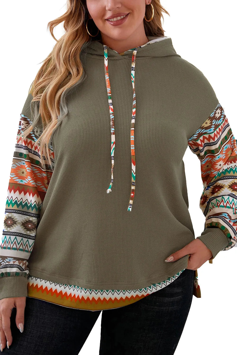 Jungle Green Aztec Patchwork Sleeve Waffle Drawstring Plus Hoodie - Chic Meadow Boutique 