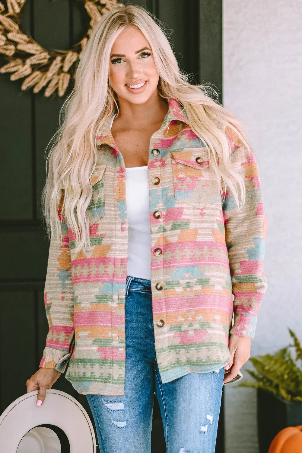 Multicolor Western Aztec Print Button Flap Pocket Shacket - Chic Meadow Boutique 