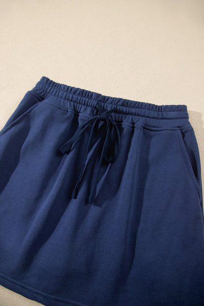 Navy Blue Long Sleeve Zip-Up Top Elastic Waist Skort Set