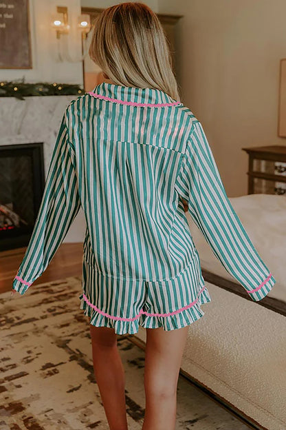 Green Stripe Contrast Ricrac Trim Long Sleeve Shirt Drawstring Ruffled Pajama Short Set