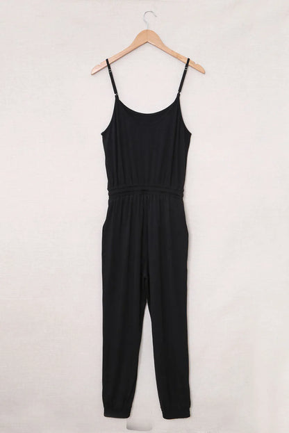 Black Drawstring Waist Spaghetti Straps Jumpsuit - Chic Meadow Boutique 