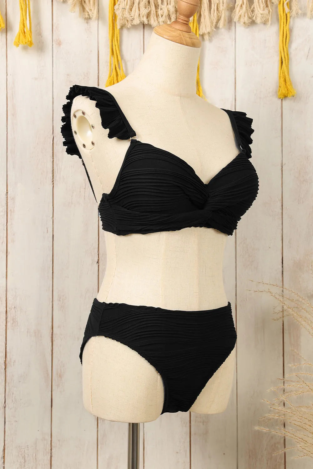 Black Wavy Textured Ruffled Straps Twist Bikini Swimsuit - Chic Meadow Boutique 