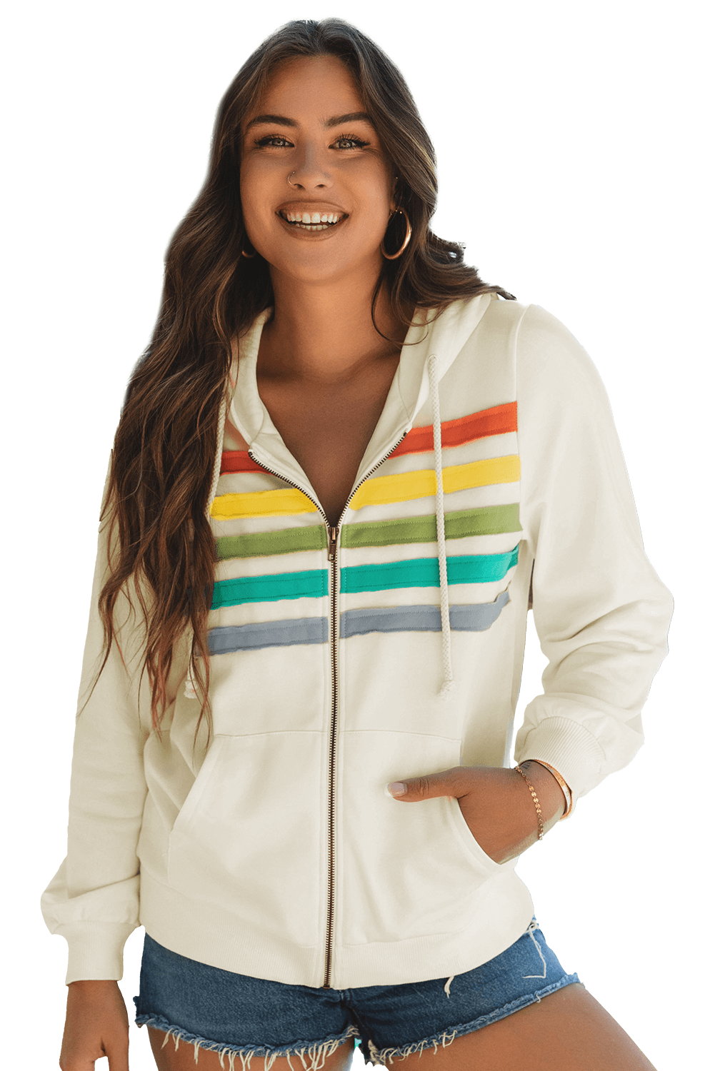 Tops/Sweatshirts & Hoodies Apricot Colorblock Striped Patchwork Side Pockets Zipper Hoodie