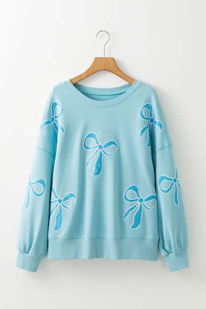 Beau Blue Sequined Bowknot Drop Shoulder Oversized Sweatshirt