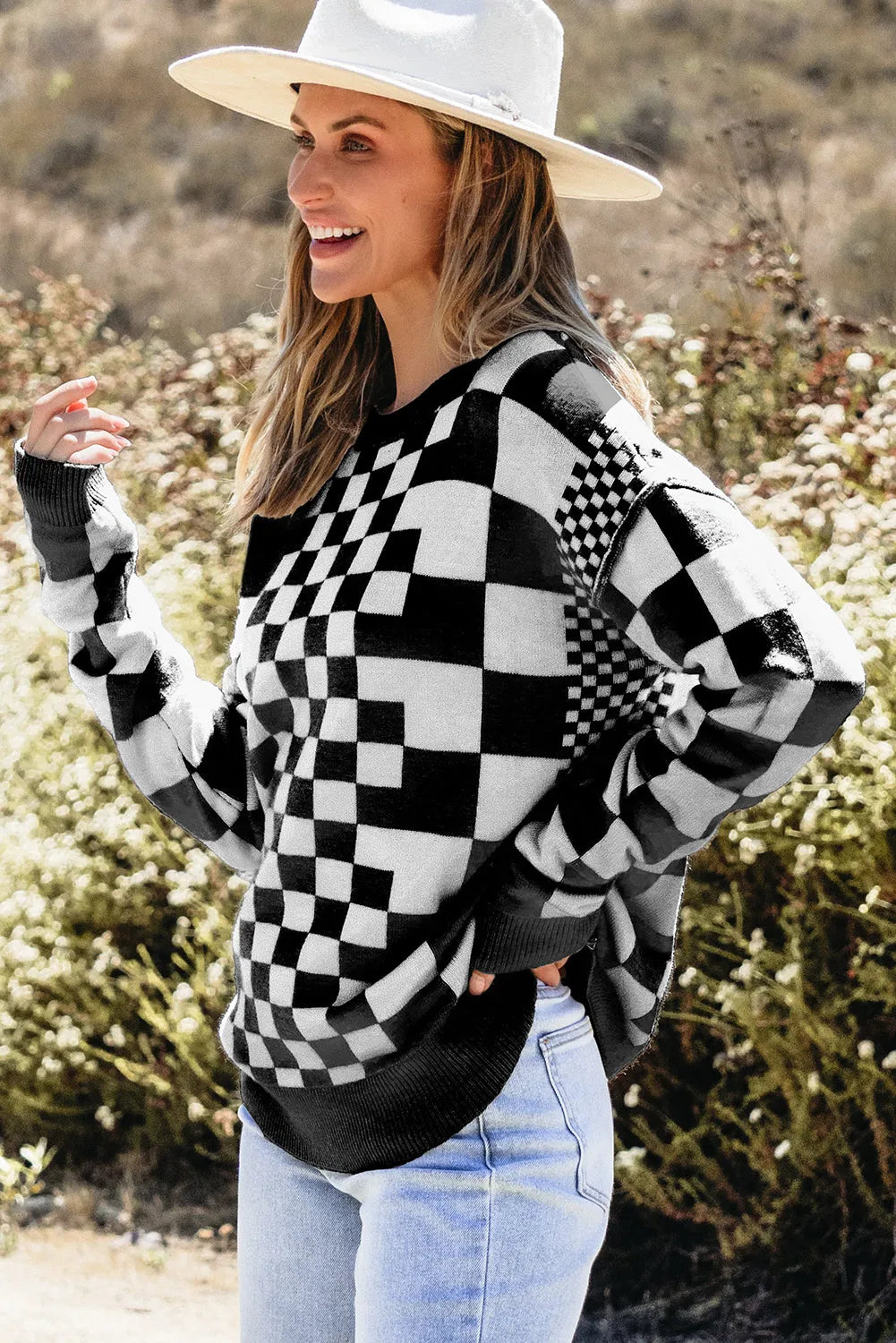 Black Checkered Print Drop Shoulder Round Neck Sweater - Chic Meadow Boutique 