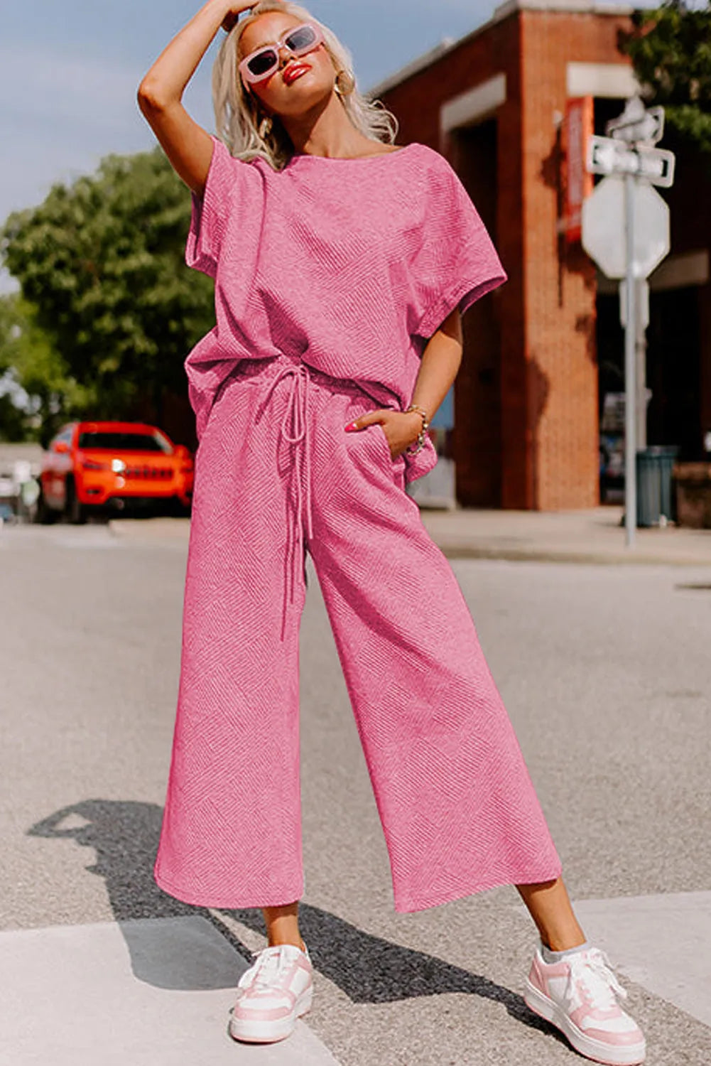 Strawberry Pink Textured Loose Fit T Shirt and Drawstring Pants Set - Chic Meadow Boutique 