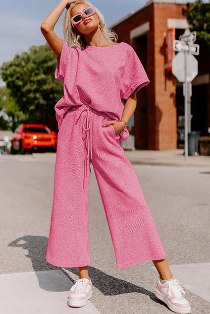 Strawberry Pink Textured Loose Fit T Shirt and Drawstring Pants Set - Chic Meadow Boutique 