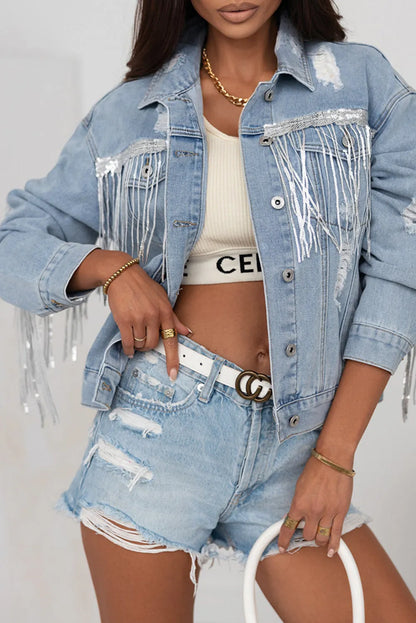 Sky Blue Sequin Embellished Fringe Distressed Denim Jacket - Chic Meadow Boutique 