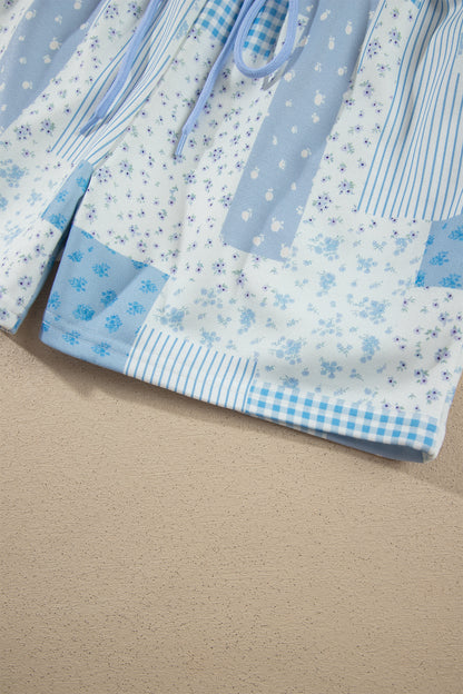 Sky Blue Patchwork Floral Print Drop Shoulder Baggy Pullover Drawstring Shorts Set