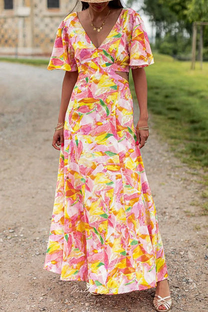 Pink Bohemian Flutter Sleeve Cut out Floral Maxi Dress - Chic Meadow Boutique 