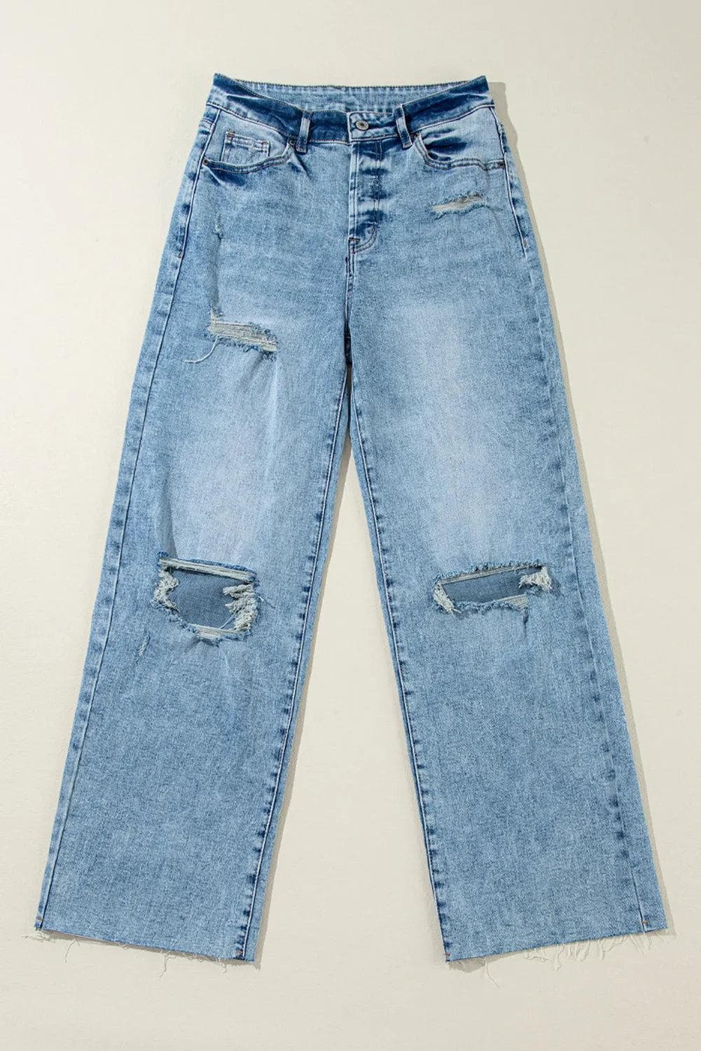 Bottoms/Jeans Light Blue Distressed Ripped Raw Hem Straight Jeans