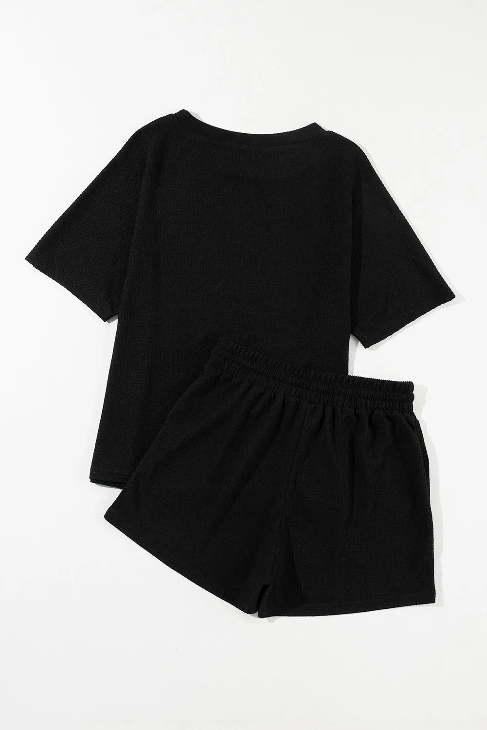 Black Casual Textured Tee and Drawstring Shorts Set - Chic Meadow Boutique 