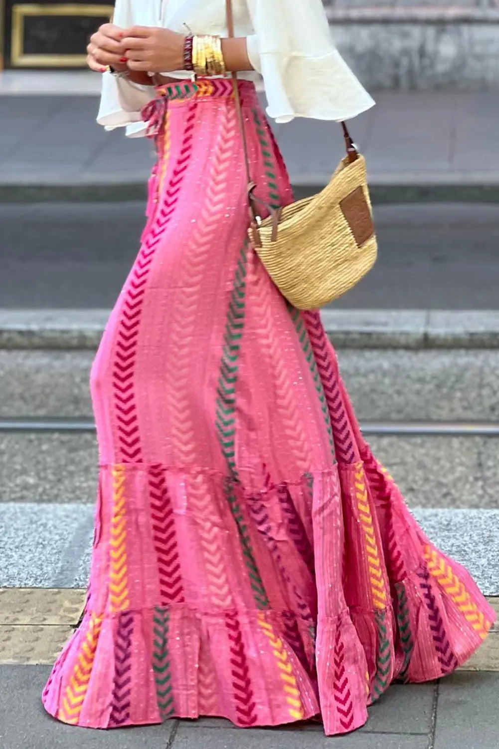 Pink Boho Printed Tasseled Drawstring Ruffled Maxi Skirt - Chic Meadow Boutique 