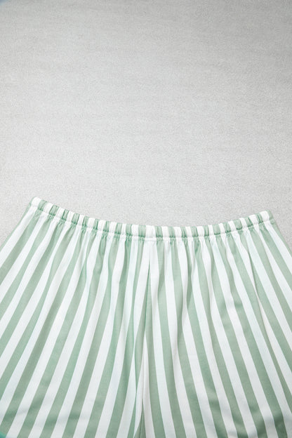 Smoke Green Striped Patchwork V Neck Two Piece Shorts Plus Size Set